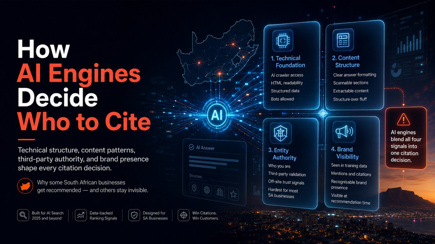 How AI engines decide who to cite: a breakdown of the four signal categories (Technical Foundation, Content Structure, Entity Authority, Brand Visibility) that blend into every citation decision.