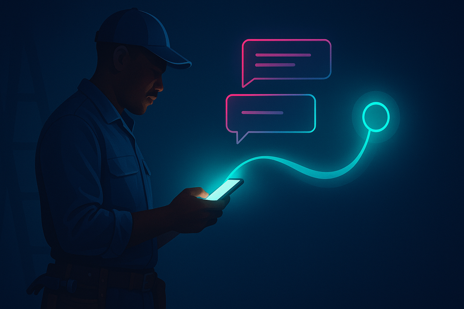 A South African tradesperson on a job site receiving a WhatsApp enquiry that an AI assistant answers instantly