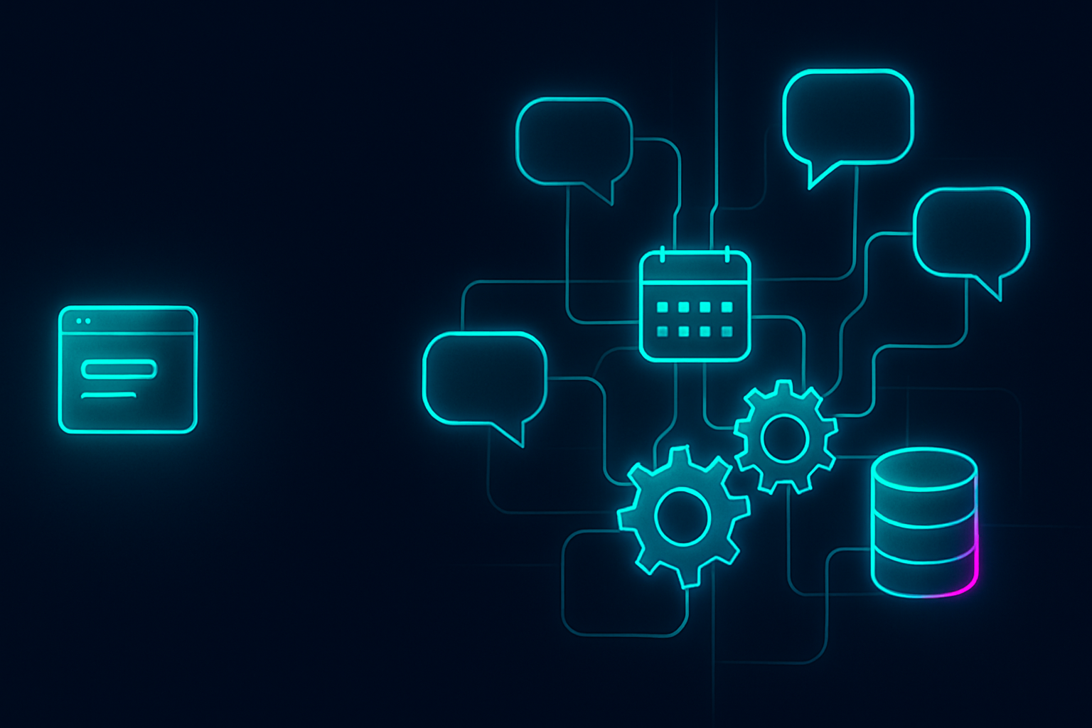 A lone ChatGPT browser tab contrasted with a connected AI system wired across WhatsApp, calendar and customer data