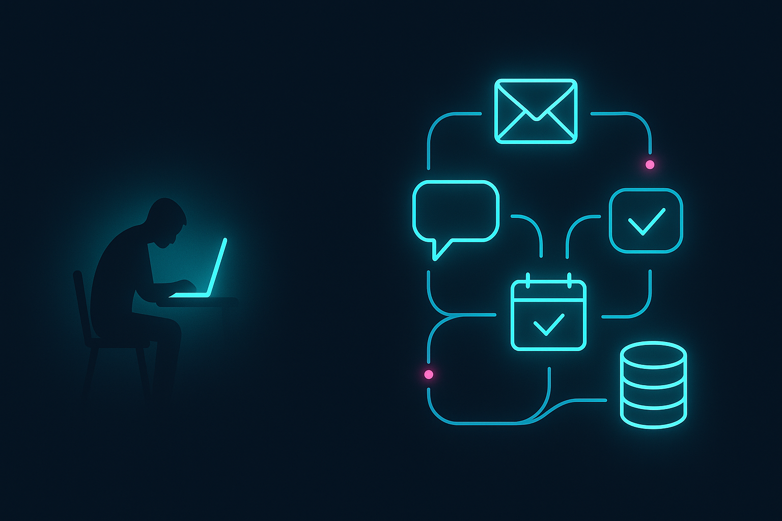Diagram contrasting one person at a single ChatGPT tab with an AI strategy connected to data, WhatsApp, calendar and actions running on triggers
