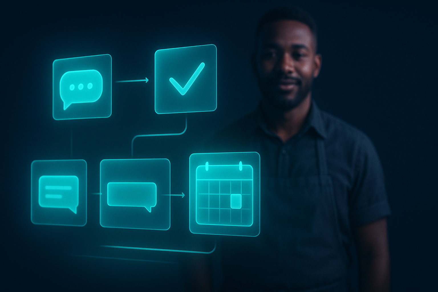 A calm South African small-business owner watching an AI system handle WhatsApp enquiries, bookings and follow-ups automatically on a glowing dashboard