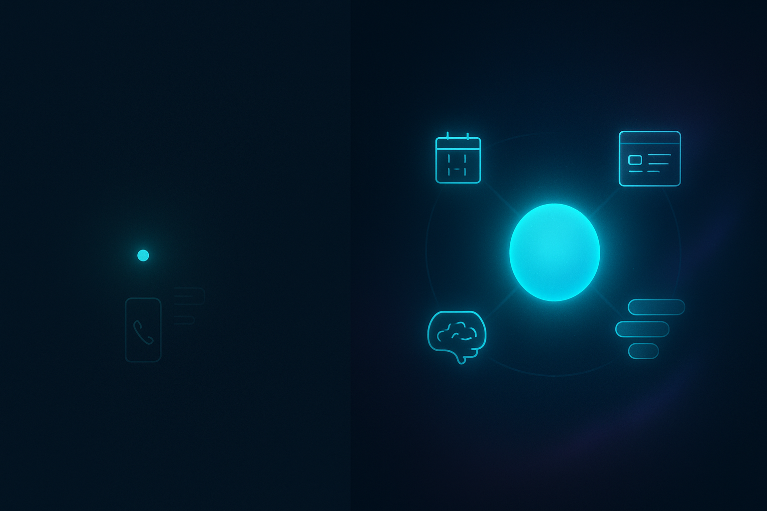 Visual comparison: a small dim dot representing the limited free WhatsApp Business app, next to a brighter glowing orb representing the WhatsApp Business Platform surrounded by orbiting calendar, CRM, AI brain, and message bubble icons.