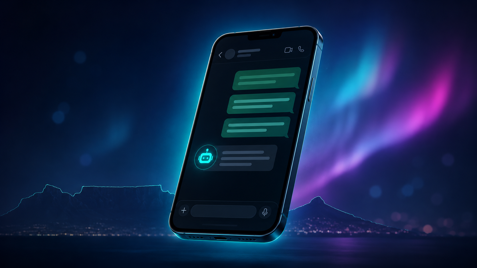 A stylised smartphone glowing with WhatsApp chat bubbles, set against a deep navy and aurora-lit South African coastline.