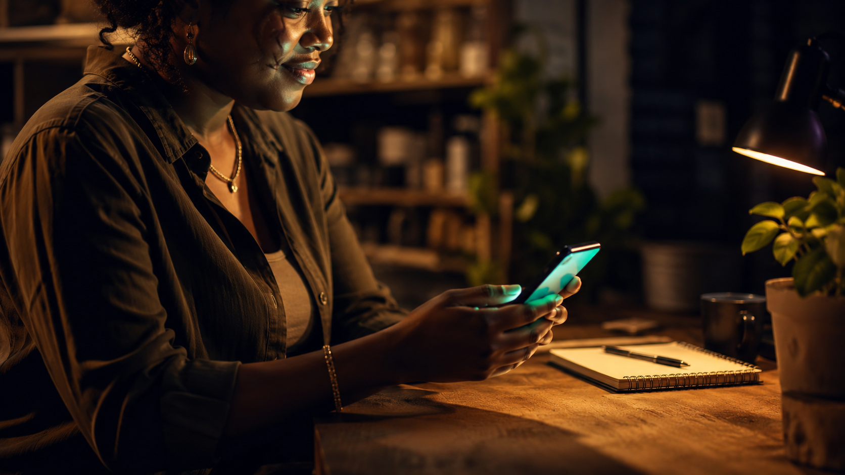 A South African business owner working at a wooden desk in the evening, glowing WhatsApp chat lighting her face.