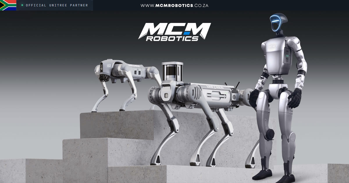 MCM Robotics, official Unitree partner in Southern Africa: Go2 and B2 quadrupeds and a G1 humanoid. EzeMind AI develops the applications on these platforms.