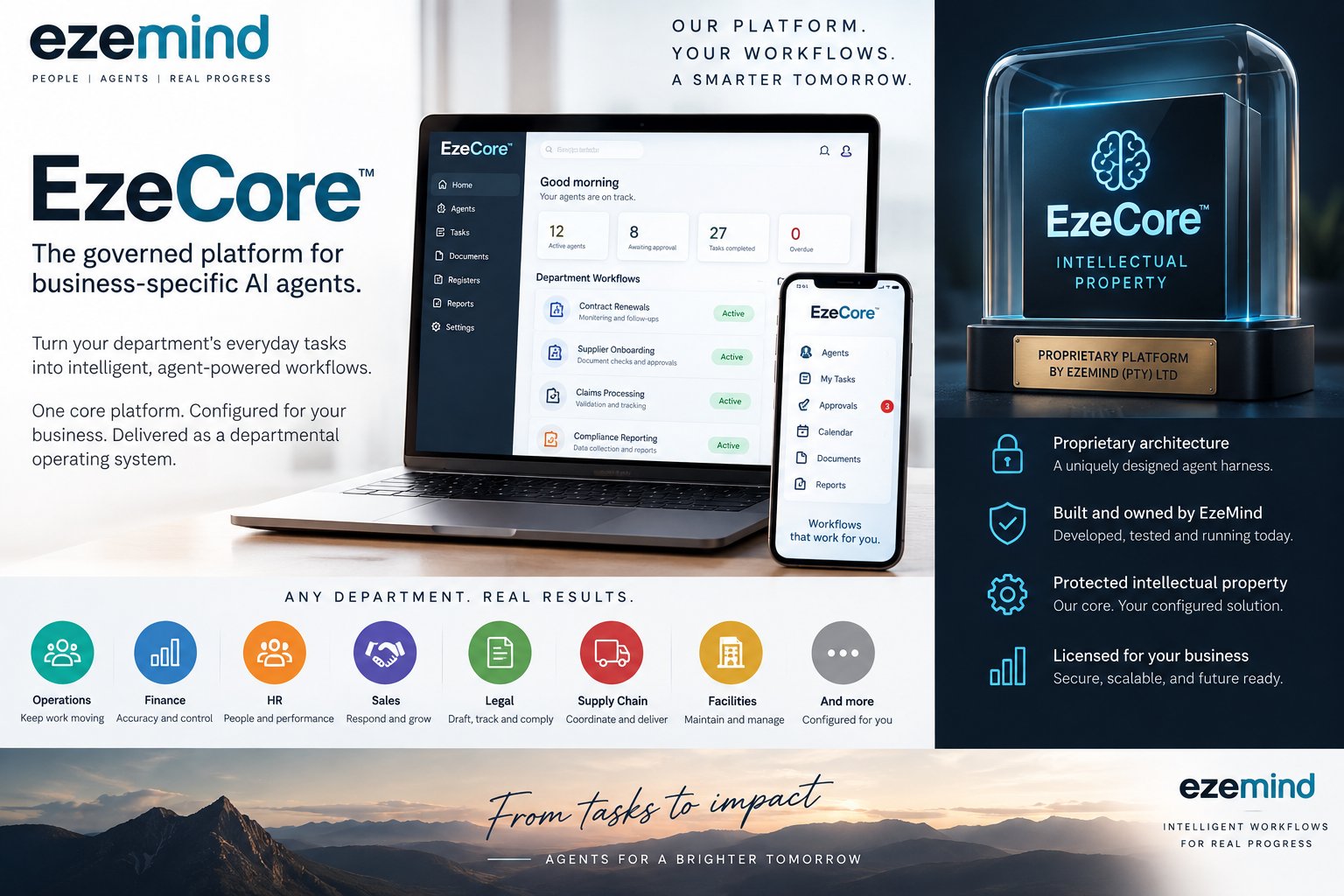 EzeCore: the governed platform for business-specific AI agents, shown on laptop and phone with department icons