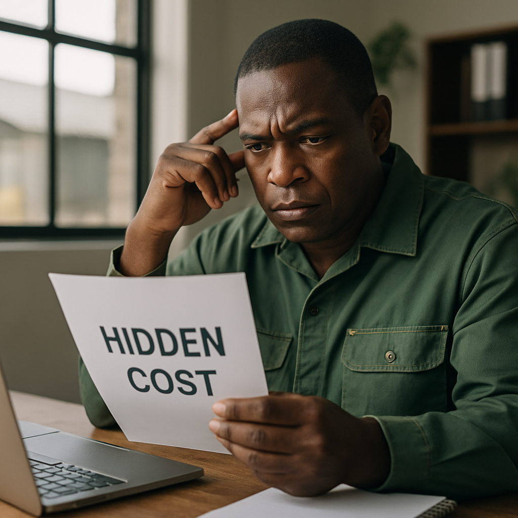 a person looking concerned looking a a piece of paper that has hidden cost written on it sitting in their office