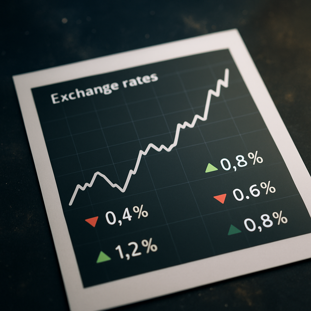 a graph with exhange rates and percentage up and down. on a dark galaxy background.